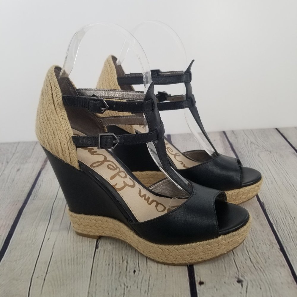 Sam Edelman Black T Strap, Stappy Woven Wedge